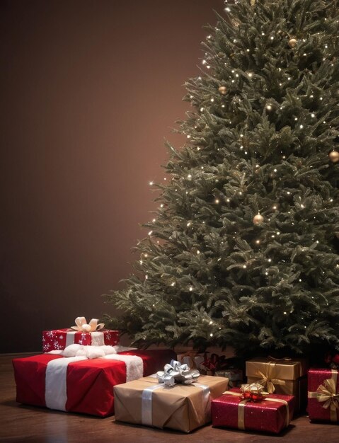 Photo arbre de noël avec des cadeaux carte de bonne année