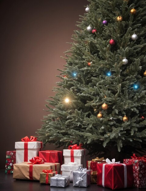 Photo arbre de noël avec des cadeaux carte de bonne année