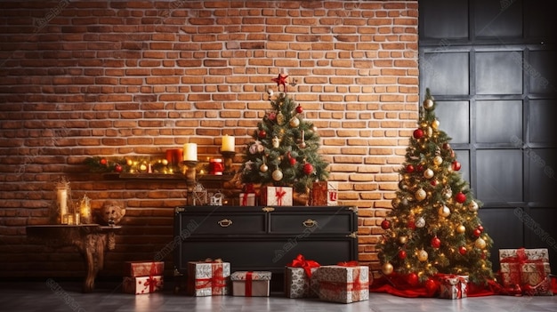 Arbre de Noël avec des cadeaux sur un coffre en bois