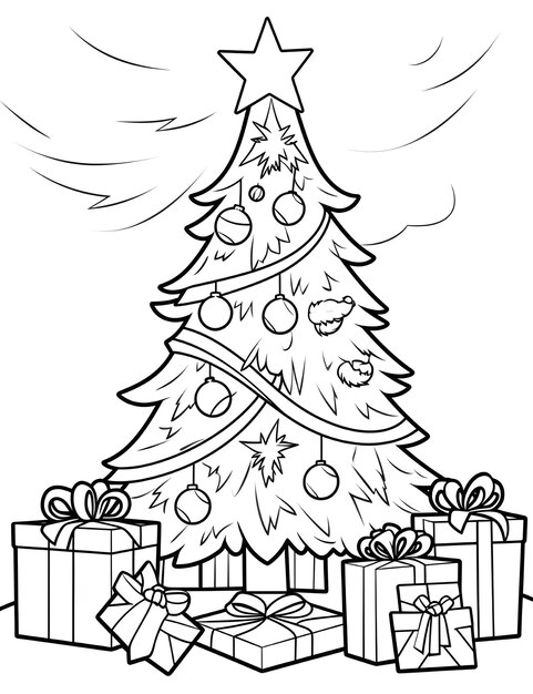 Photo arbre de noël et cadeaux à colorier page pour les enfants