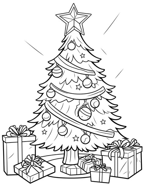 Photo arbre de noël et cadeaux à colorier pour enfants
