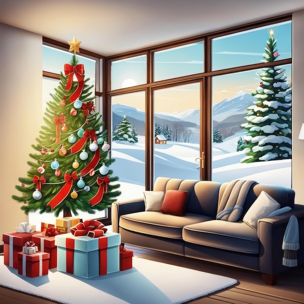 Arbre de Noël et cadeaux dans un appartement de luxe avec vue sur la ville enneigée