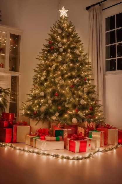 Arbre de Noël avec des cadeaux en dessous et un arbre de Noël avec les mots Noël en bas.