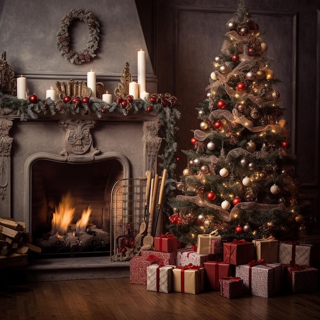 Arbre de Noël avec des cadeaux près de la cheminée