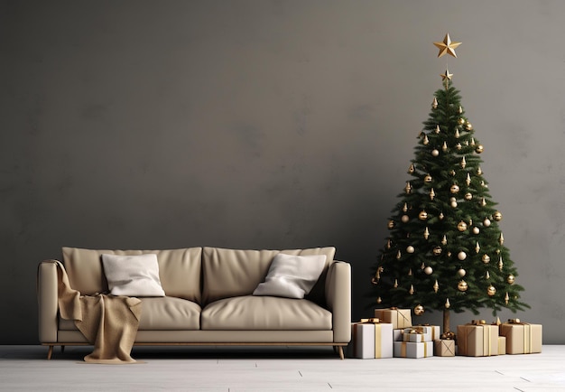 Arbre de Noël avec des cadeaux près du canapé dans un intérieur classique