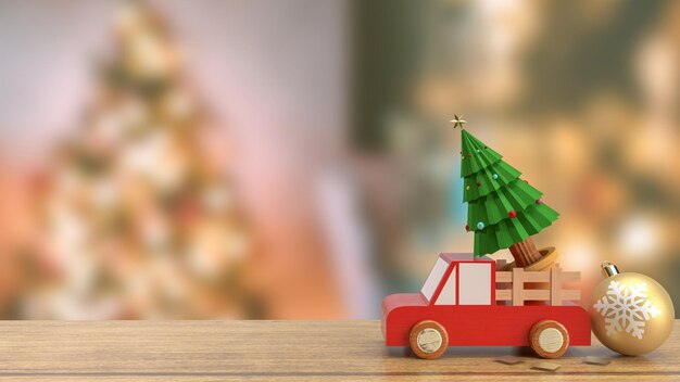 L'arbre de Noël en camion de bois sur table en bois rendu 3d