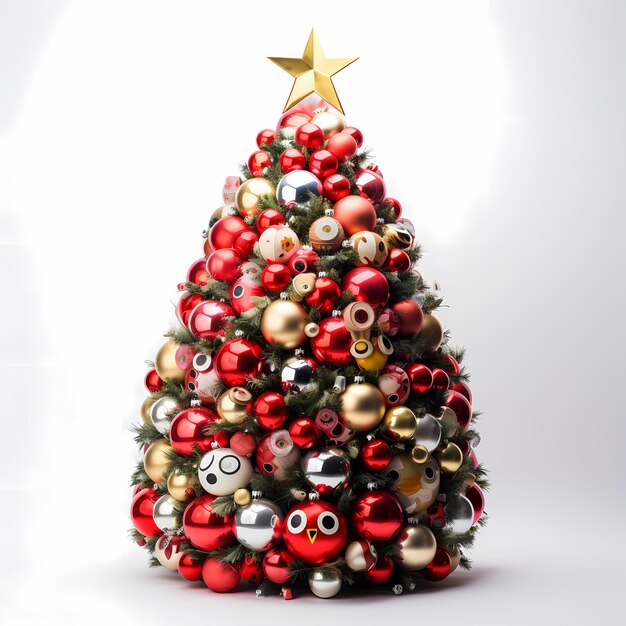 Photo arbre de noël de charme pokemon festif orné de pokéballs sur un fond blanc