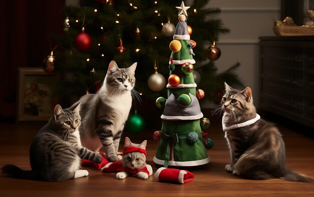 Photo arbre de noël avec des chats et des chats