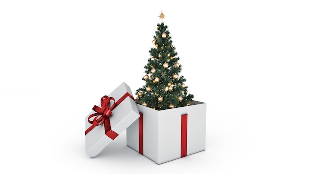 Photo arbre de noël coffret cadeau rendu 3d concept