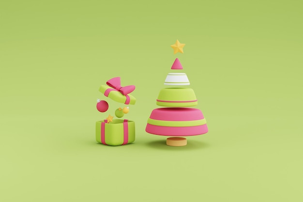 Arbre de Noël avec des coffrets cadeaux ouverts, design 3d minimal Xmas Decorations.3d render illustration.