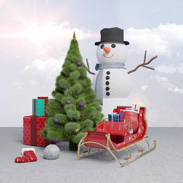 Arbre de Noël de conception de Noël 3D avec le bonhomme de neige avec le fond de traîneau et de neige de cadeaux