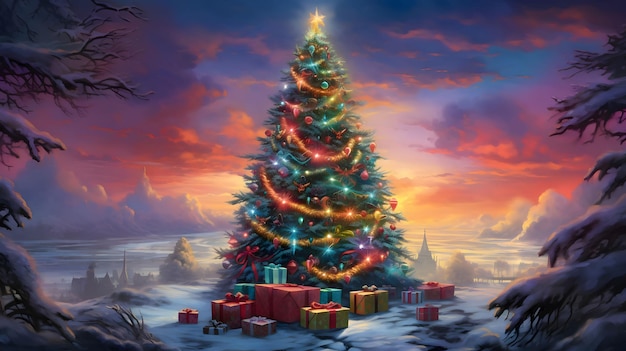 Arbre de Noël conique coloré Autour de lui présente des paysages d'hiver coucher de soleil bannière de Noël avec de l'espace pour votre propre contenu