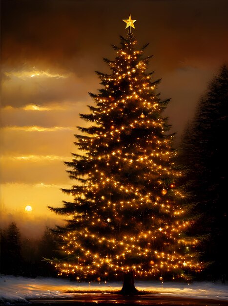 Photo arbre de noël coucher de soleil peinture à l'huile teintes sépia ia générative générée