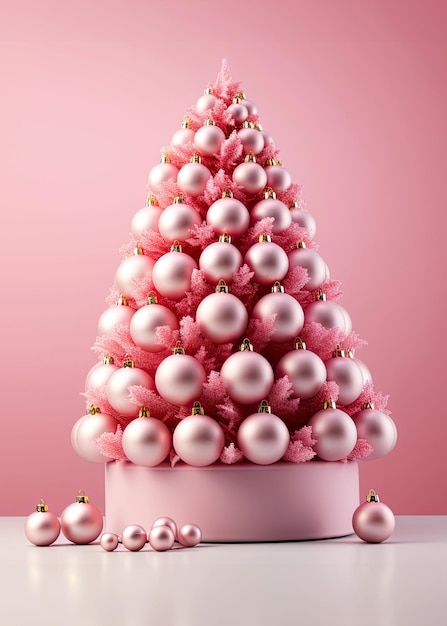 Arbre de Noël créatif fait de boules de Noël roses sur une carte verticale à fond rose