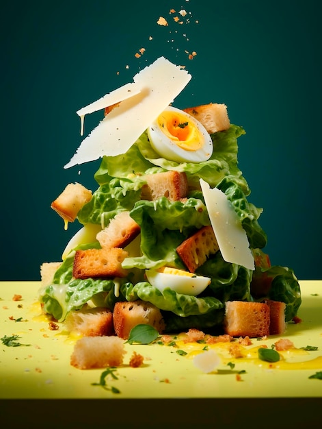 Arbre de Noël créatif fait de salade et d'œufs sur fond vert
