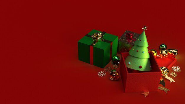 Arbre de Noël dans une boîte cadeau rendu 3d pour le contenu de Noël.