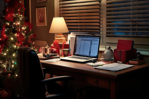 un arbre de Noël dans le coin d'un bureau avec un ordinateur portable dessus et une lampe à côté