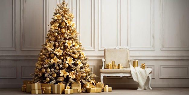 Arbre de Noël dans des décorations de luxe avec des boîtes-cadeaux