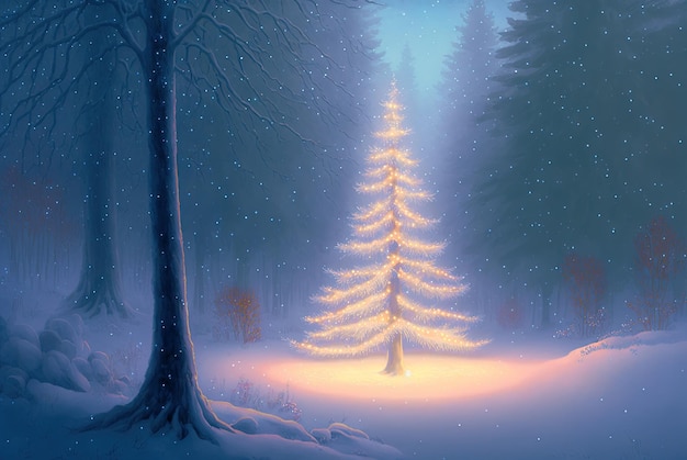 Arbre de Noël dans la neige décoré de lumières contre l'avant de l'hiver