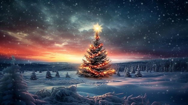 Un arbre de Noël dans la neige avec les lumières dessus