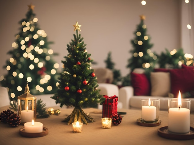 Un arbre de Noël dans le nouvel an décorations intérieures confortables de la maison guirlandes et bougie brûlante bougie