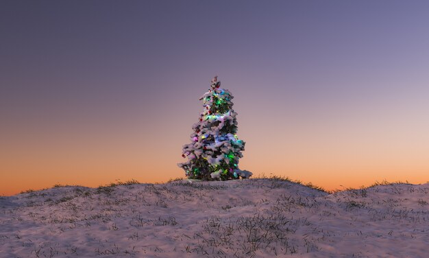 arbre de noël dans un paysage enneigé