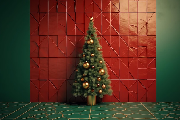 Un arbre de noël dans une pièce avec des tuiles rouges et un fond rouge.