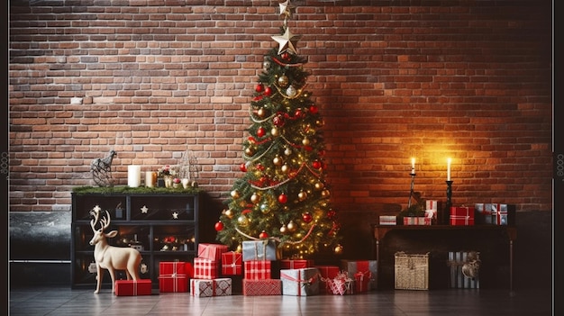 Arbre de Noël dans un salon avec un arbre de Noël et des cadeaux sur le sol