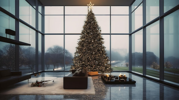 Un arbre de Noël dans un salon avec une cheminée et une grande fenêtre.