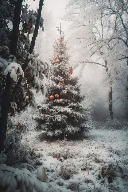 Arbre de Noël avec des décorations dans la forêt d'hiver