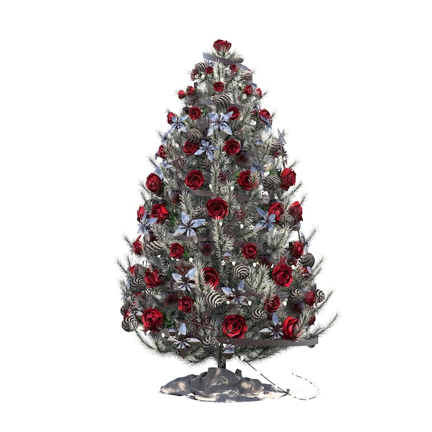 Arbre de Noël avec décorations, isolé sur fond blanc, illustration 3D, rendu cg