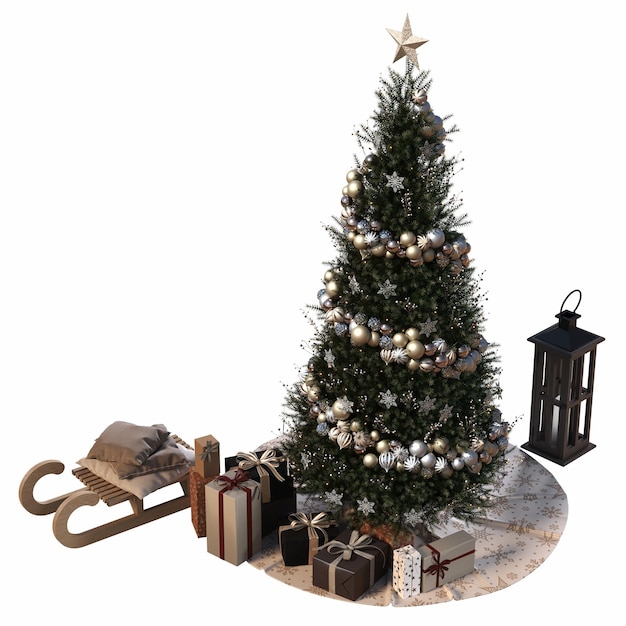 Arbre de Noël avec des décorations isolées sur fond blanc illustration 3D cg rendu