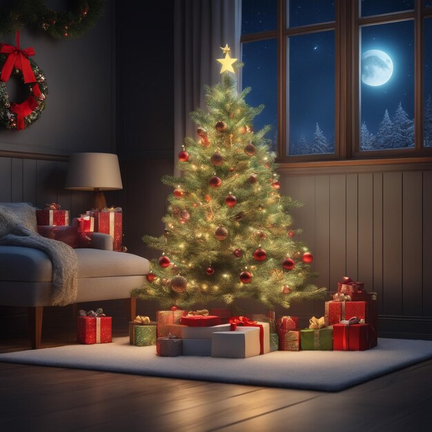 Arbre de Noël, décorations et lune très détaillées dans le paysage nocturne d'hiver