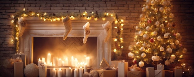 Arbre de Noël avec des décorations près d'une cheminée floue dans la maison