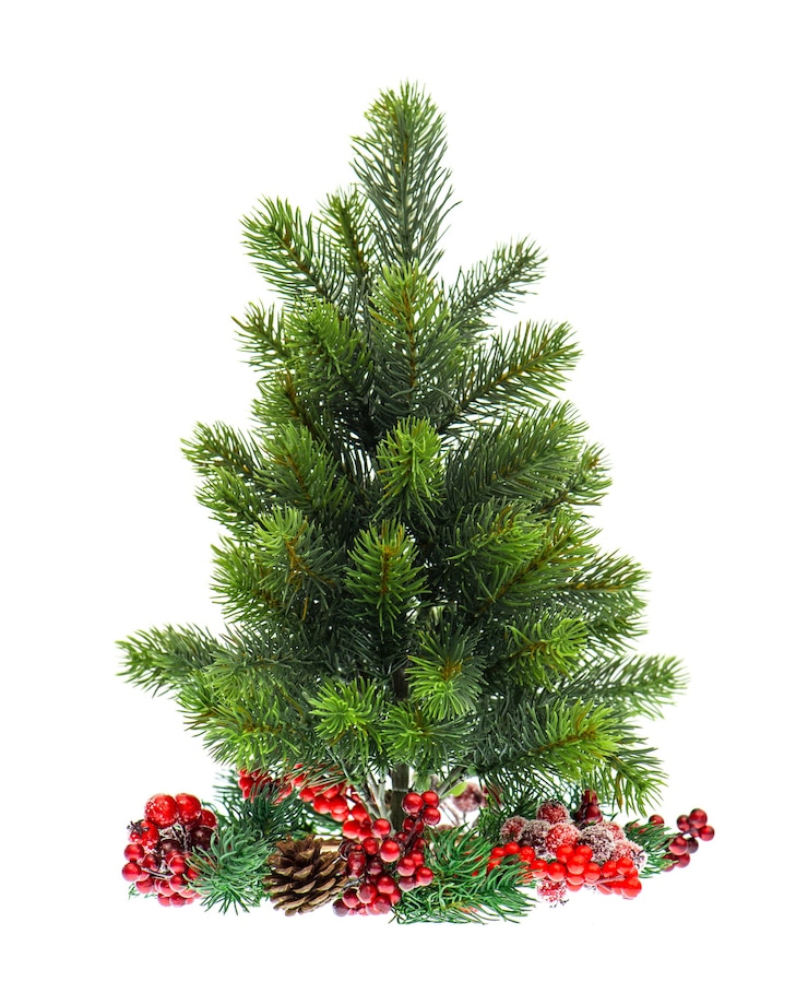 Photo arbre de noël avec decoraton rouge isolé sur fond blanc