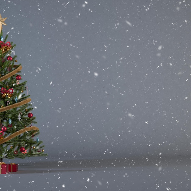 Arbre de Noël décoré de boîtes à cadeaux sur fond carré gris avec chutes de neige et espace de copie.