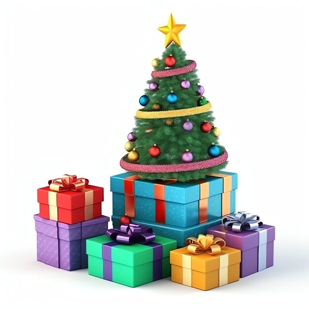 Arbre de Noël décoré de boîtes lumineuses et de cadeaux sur fond blanc Année nouvelle et joyeux Noël