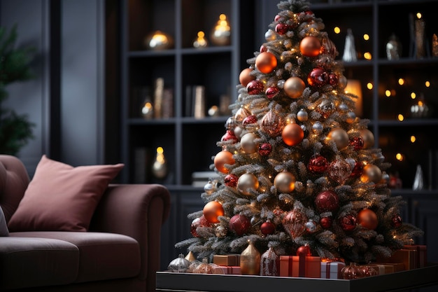 Arbre de Noël décoré avec des boules colorées et des cadeaux dans un intérieur luxueux de la nouvelle année