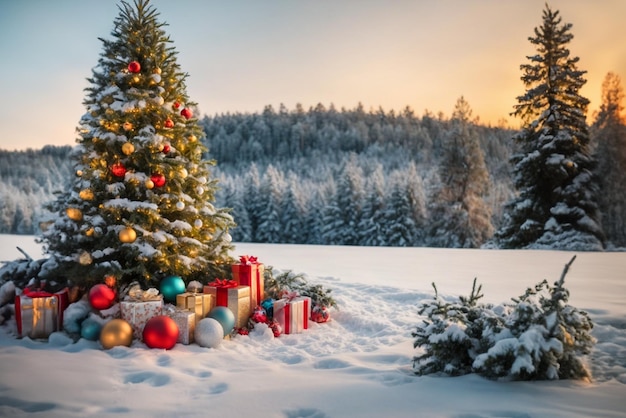 Photo arbre de noël décoré de boules de noël avec des cadeaux sous l'arbre à l'extérieur