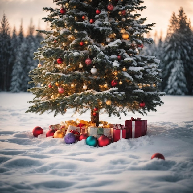 Photo arbre de noël décoré de boules de noël avec des cadeaux sous l'arbre à l'extérieur