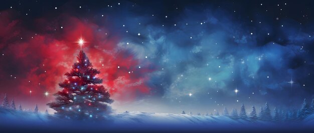 Photo arbre de noël décoré de boules rouges étoiles dans le ciel paysage d'hiver à l'aube bannière de noël avec de l'espace pour votre propre contenu
