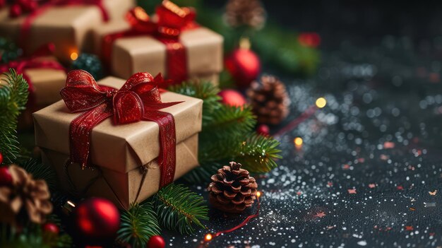 Arbre de Noël décoré avec des cadeaux et des cadeaux de fête