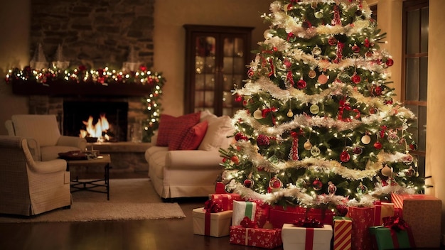 Arbre de Noël décoré avec des cadeaux à la maison