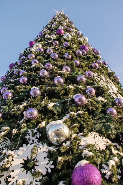 Arbre de Noël décoré contre le ciel bleu