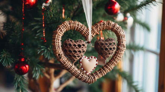 Photo arbre de noël décoré d'une couronne en osier en forme de cœur et d'autres ornements de noël faits à la main