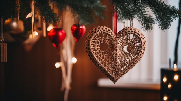 Photo arbre de noël décoré d'une couronne en osier en forme de cœur et d'autres ornements de noël faits à la main