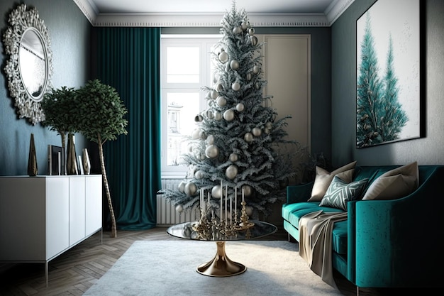 Arbre de Noël décoré dans un intérieur de salon élégant