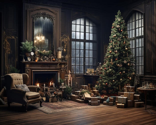 Arbre de Noël décoré dans le salon avec de grandes fenêtres