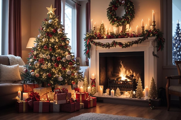 Arbre de Noël décoré devant la cheminée avec diverses bougies prêt pour