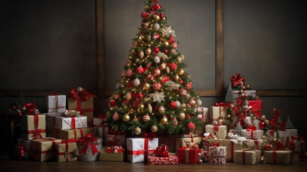 Un arbre de Noël décoré entouré de cadeaux